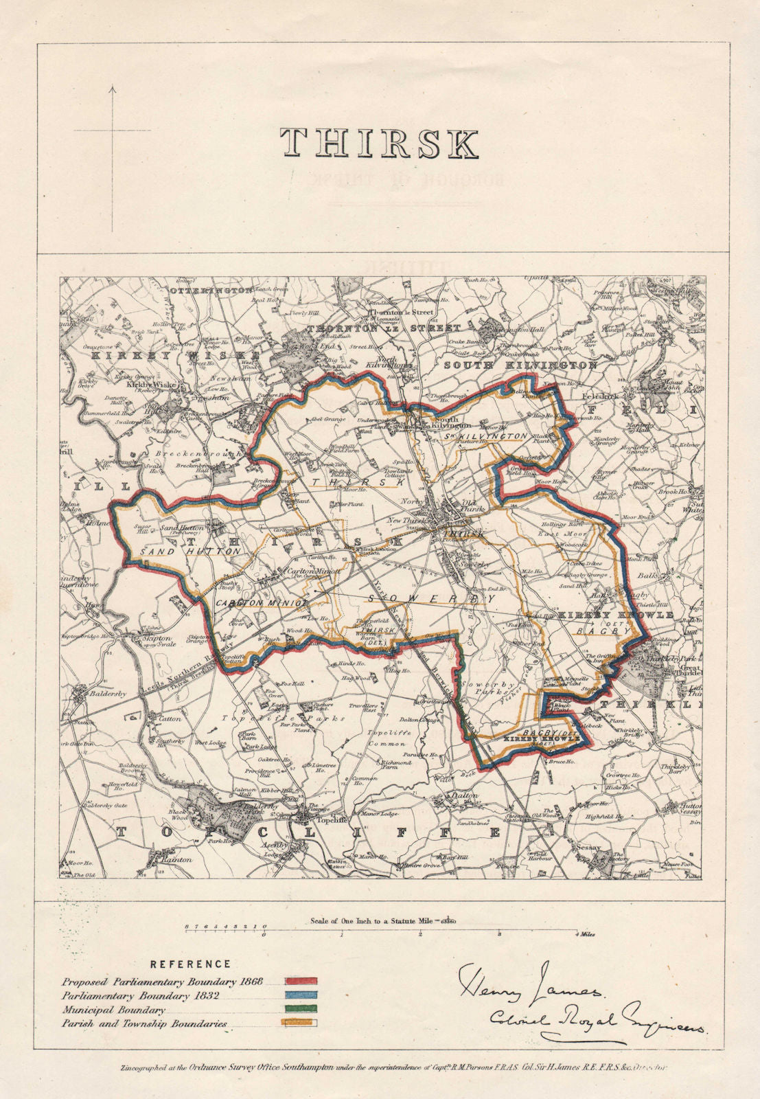 THIRSK borough/town plan. BOUNDARY COMMISSION. North Yorkshire. JAMES 1868 map